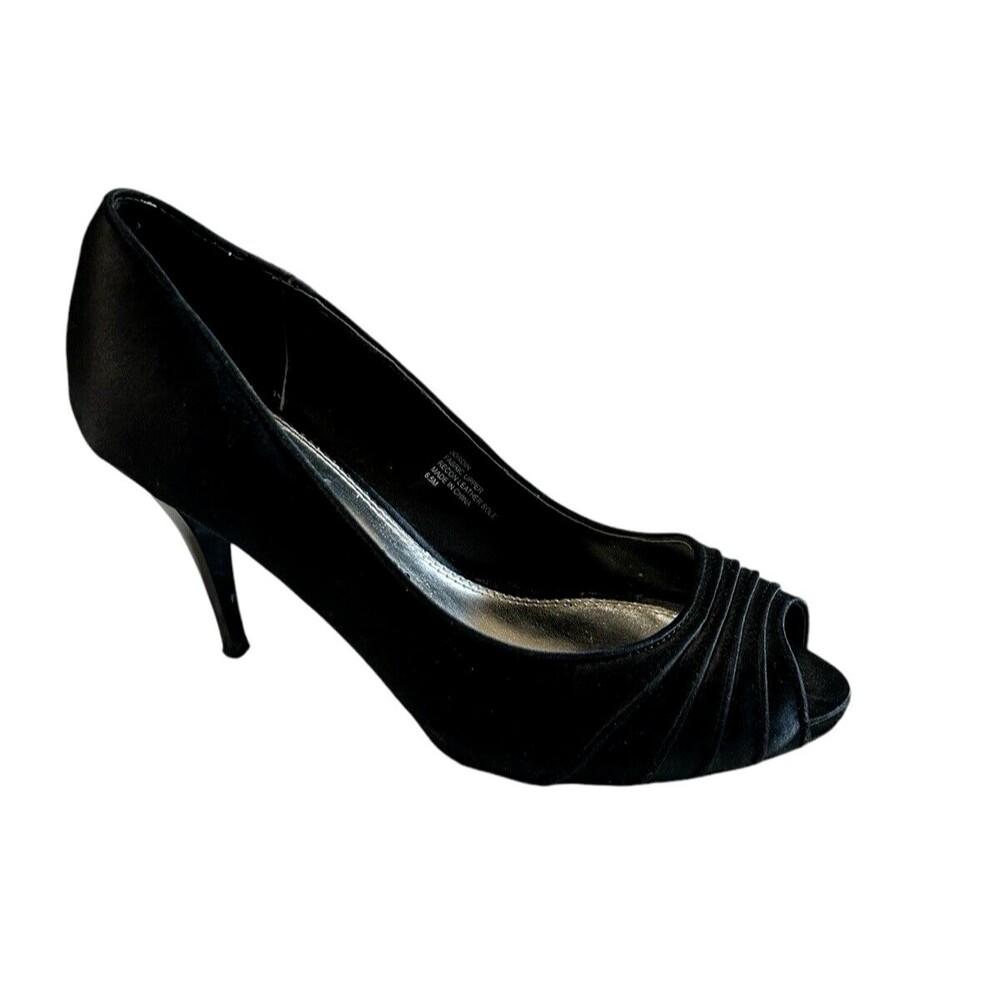 White House Black Market Jordin Heels Black Satin Peep Toe Stiletto Womens 6.5M